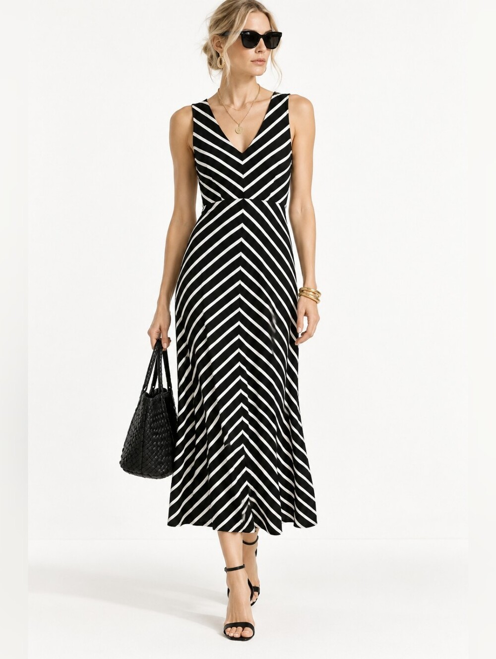 Talbots Maxi Dress Open Back Black White Stripe